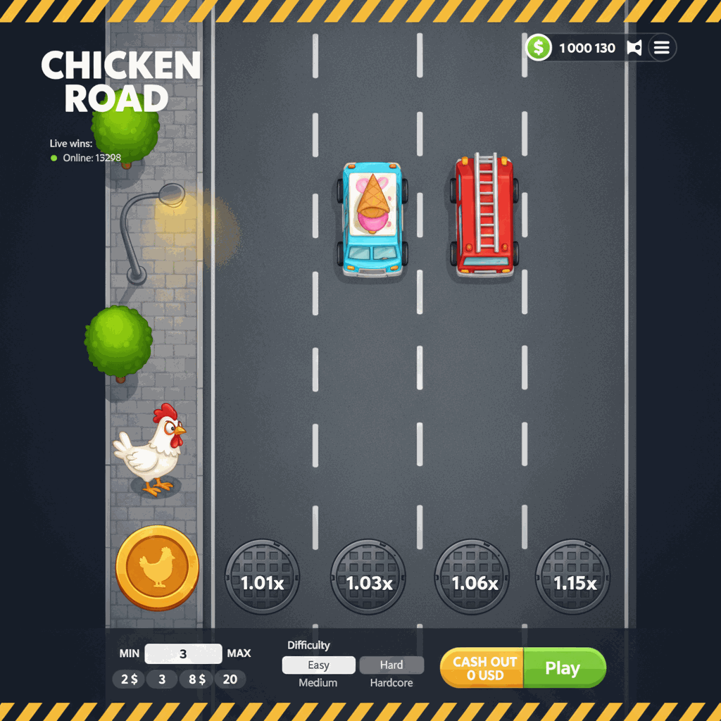 Chicken Road crash game by InOut showing a cartoon chicken character positioned on an urban sidewalk preparing to cross a multi-lane road viewed from above, with white dashed lane markers, dark asphalt surface, manhole covers displaying multiplier values on each lane, and cars moving across the lanes creating risk as the player decides when to cash out their increasing multiplier